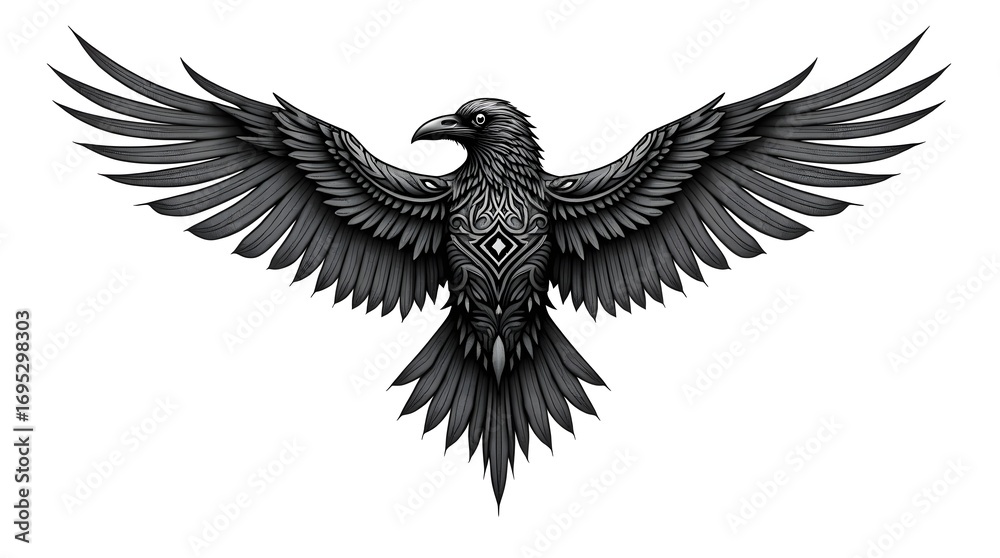 Fototapeta premium Intricate raven tattoo design, detailed black ink line art, gothic and&nbsp;mystical&nbsp;style