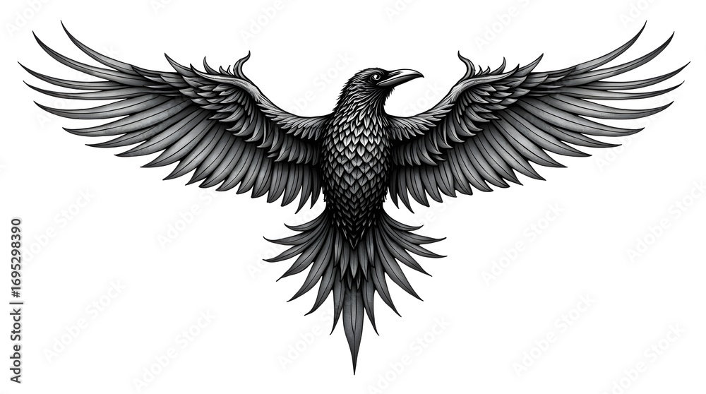 Fototapeta premium Intricate raven tattoo design, detailed black ink line art, gothic and mystical style