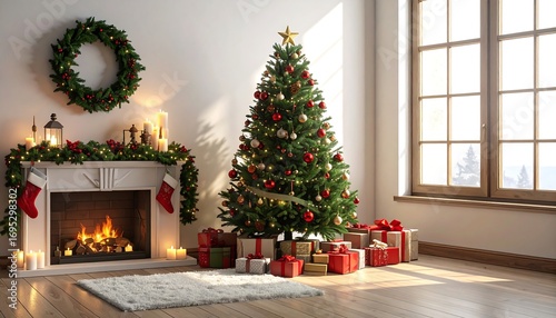 Cozy Christmas interior scene with a fireplace and tree