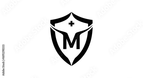 Modern shield logo template featuring letter M and cross symbol for health care company