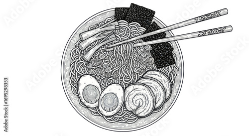 Monochrome culinary creation delicate ramen bowl artfully arranged with chopsticks on top