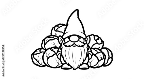 cute garden gnome with cabbages, line art, character illustration, fairytale, harvest, vegetable, cartoon
