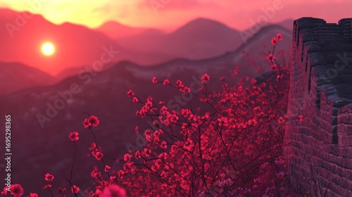 Majestic Great Wall with blossoms bathed in the crimson sunset's glow