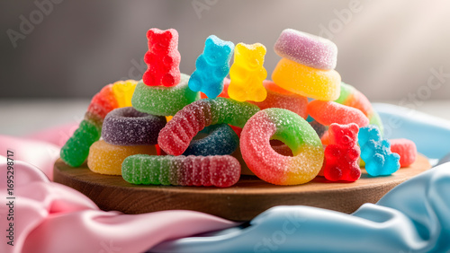 Colorful Pile of Gummies: Variety of gummy shapes and colors create a sugary, sweet treat mountain.