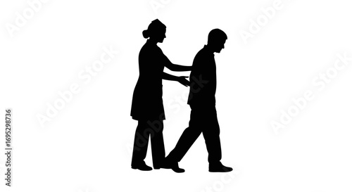 Silhouette of a nurse supporting a patient depicting care and compassion with medical assistance
