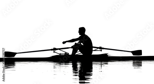 Silhouette of a rower training on calm water mirroring his form in monochrome art