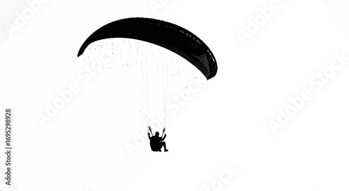 Silhouette paraglider soaring against a clean white background, conveying adventure and freedom