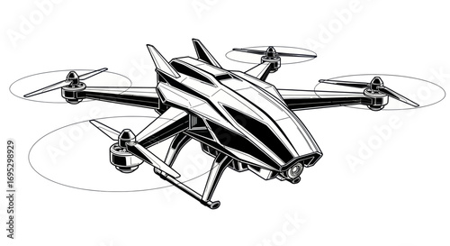Sleek futuristic drone concept in black and white detailed line art illustration