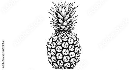 Sophisticated monochrome illustration showcasing a beautifully detailed pineapple fruit, evoking a