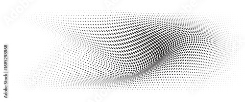 Flowing Wave Dot Halftone Pattern: Curve Gradient Shape on Transparent Background. Suitable for AI, Tech, Network, Digital, Science, and Technology Themes.