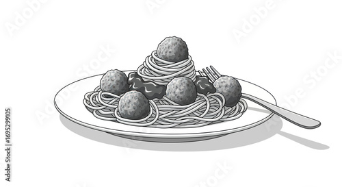 Whimsical monochrome depiction of spaghetti and meatballs cascading on a plate creates inviting