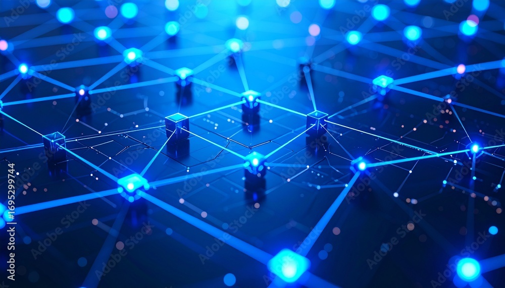 Obraz premium Close-up shot of a glowing blue neural network diagram with interconnected nodes and flowing digital pathways representing big data