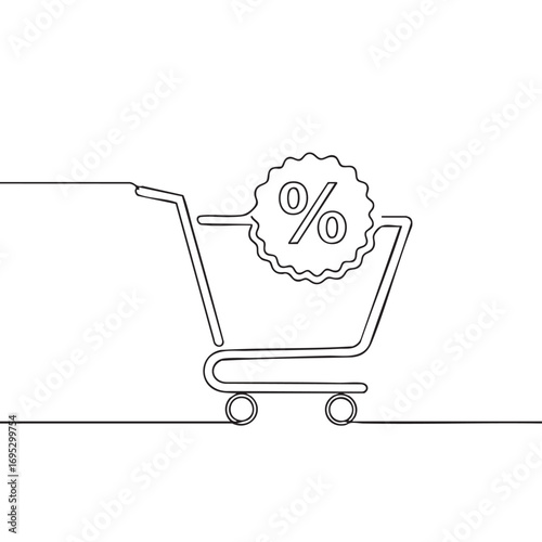 A minimalist continuous line drawing elegantly illustrates a shopping cart with a prominent percentage discount tag, perfectly representing online sales and consumer savings.