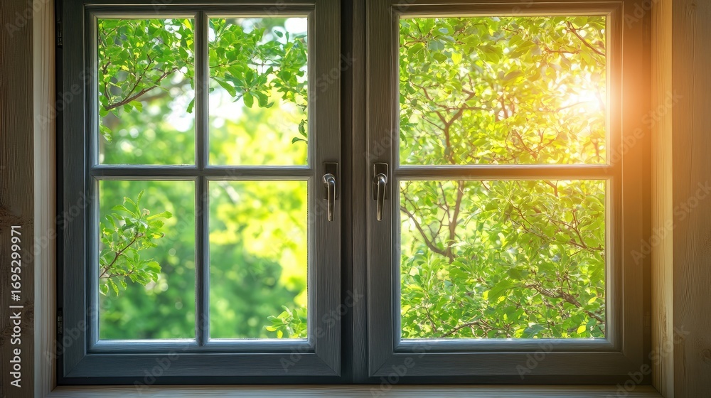 Naklejka premium A window with a view of trees and a sun shining through it