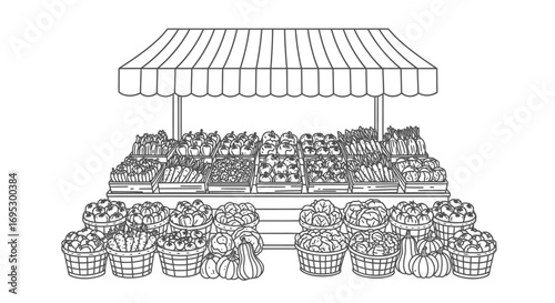 farmers market stall with fresh produce, autumn harvest, seasonal vegetables and fruits