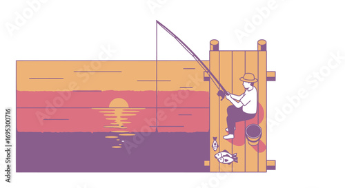 fisherman on wooden dock at sunset, peaceful fishing scene, summer evening