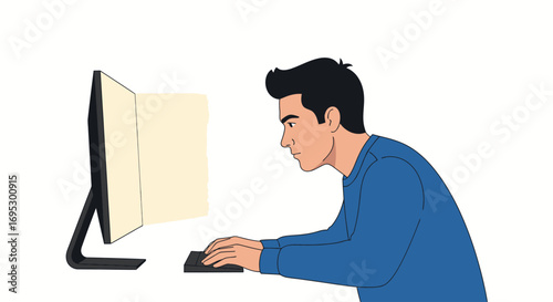 focused young man working on computer, serious expression, modern illustration, digital art, profile view