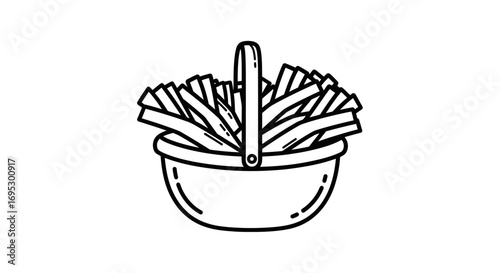 french fries in a basket, line art, fast food, snack, potatoes, handdrawn, simple illustration, clipart, menu design, restaurant