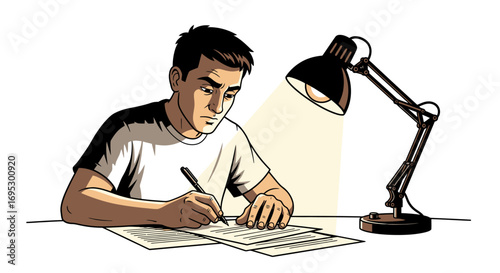 focused young man writing at desk under a lamp, late night study, serious expression, homework, writer, exam preparation