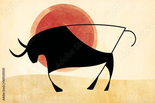 Minimalist bull silhouette on textured background with red circle