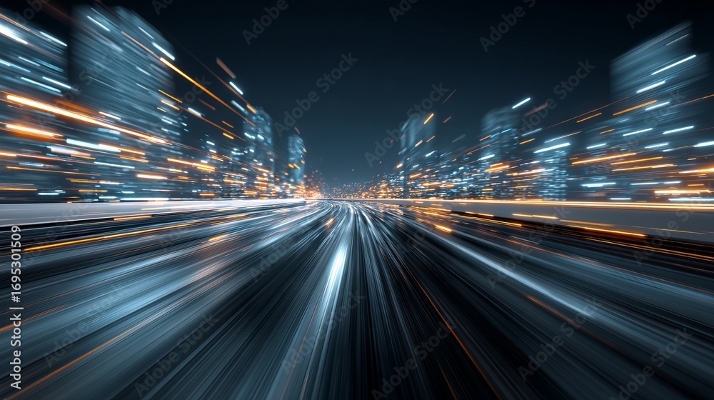 Obraz premium Dynamic abstract motion blur of a futuristic city at night, visualizing rapid technological advancement and urban energy flow with vibrant light trails.