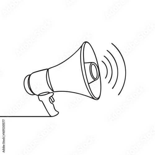 A modern continuous line art illustration of a megaphone emitting sound waves, effectively symbolizing public announcements, urgent messages, and impactful communication.