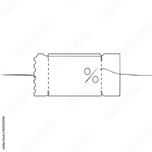 A modern continuous line drawing of a perforated discount coupon featuring a clear percentage symbol, symbolizing valuable savings and special offers for shoppers.