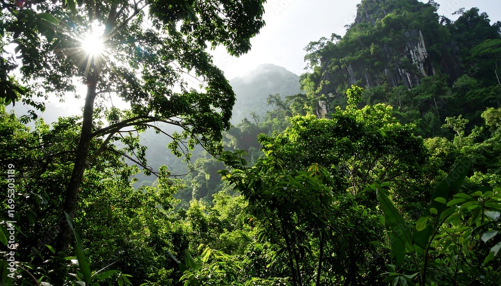 Fototapeta premium Lush jungle canopy with sunlight filtering through