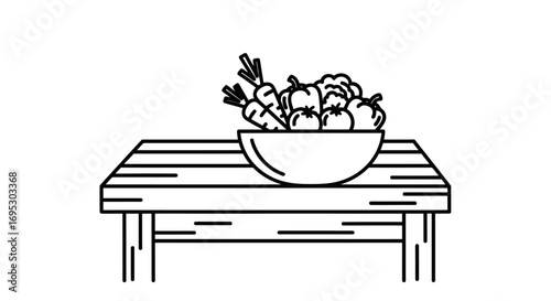 fresh vegetables in bowl on wooden table line art illustration of carrots, tomatoes, and cauliflower