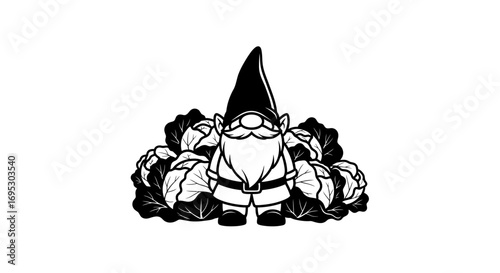garden gnome with cabbage patch, whimsical illustration, cute fairytale character, black and white graphic, vegetable garden, magical creature, folklore dwarf, harvest season