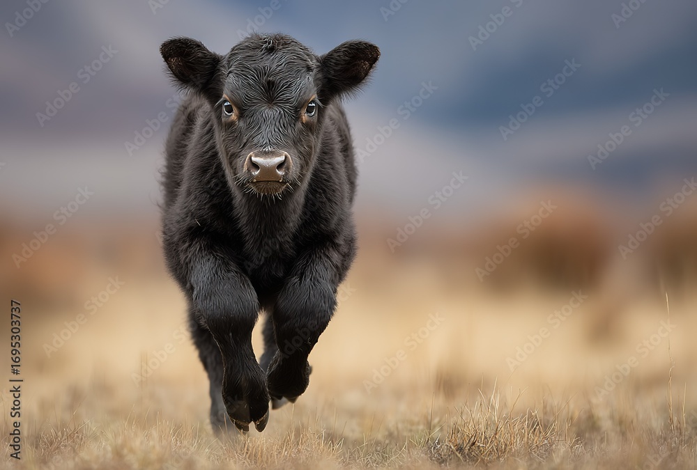 Fototapeta premium Black Calf Leaping in Meadow - Lively Farm Animal Close-up