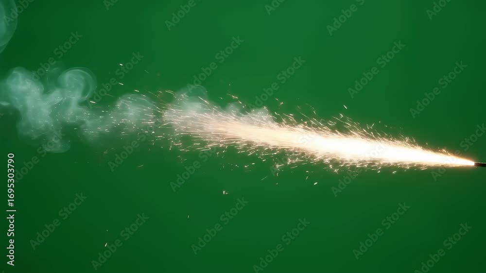 Burning firework fuse sparkling with intense white smoke and glowing ...