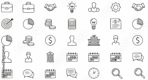 Business and finance icons set for presentations and web design vector illustration outline style drawing 100 vector
