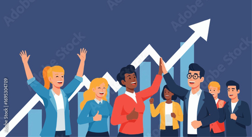 Business team celebrating growth and success with rising arrow and chart for financial achievement goals vector