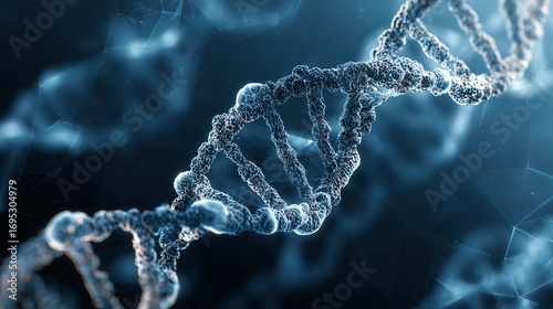 Captivating DNA helix structure with intricate molecular network, symbolizing genetic research, biotechnology, and scientific discovery in a modern blue glow.