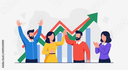 Teamwork success business growth strategy collaboration and achievement with people celebrating victory together vector