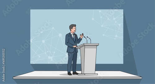 Presentation speaker giving speech at podium for business conference or seminar event, public speaking expert vector