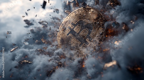 Dynamic Bitcoin explosion effect with debris and smoke, representing financial volatility and digital currency disruption