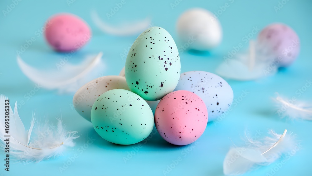Obraz premium Pastel Easter eggs, delicate feathers, and a branch