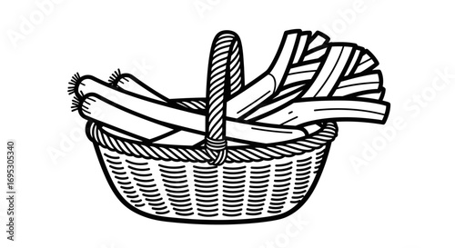 leeks in a wicker basket, handdrawn illustration, fresh vegetables, farm to table, rustic style, organic food, healthy eating