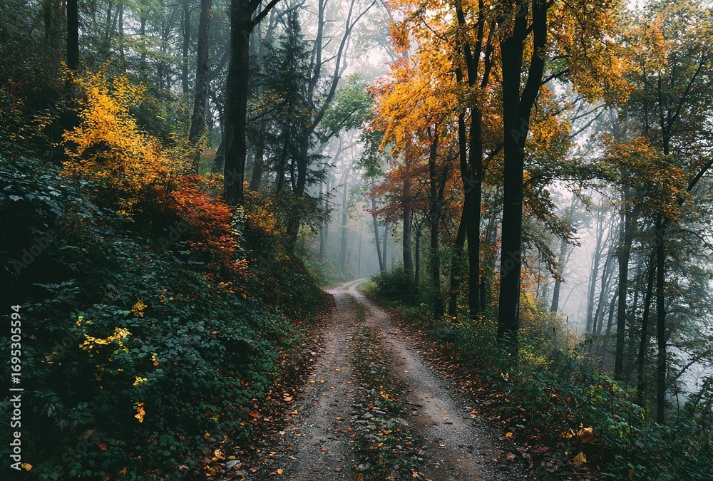 Obraz premium Autumn Forest Path in Fog: Colorful Leaves and Quiet Atmosphere