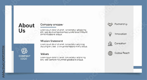 About us company presentation template for business strategy and partnership innovation global reach vector