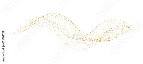 Gold liquid particle wave with abstract glow. Abstract fluid flow elegant golden curved dashed gradient, dotted texture. Holiday shine for vector luxury design background, Christmas illustration