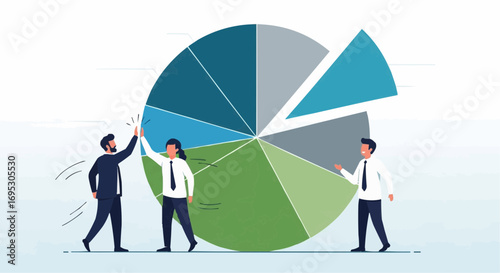 Business team collaboration pie chart analysis and teamwork success strategy presentation visualization concept vector