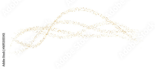 Gold stipple flow wave, glitter undulate pattern. Dynamic golden waves with small particles and shine effects. Golden vector curved dashed gradient net for holiday design, abstract background