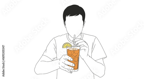 man drinking iced tea with lemon, refreshing summer beverage, simple line art illustration