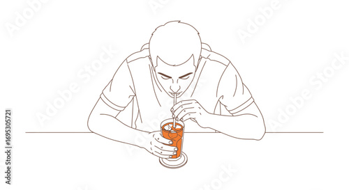 man drinking iced tea, refreshing beverage, summer drink, line art illustration, simple design