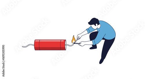 man lighting dynamite fuse explosive risk, danger, emergency concept illustration