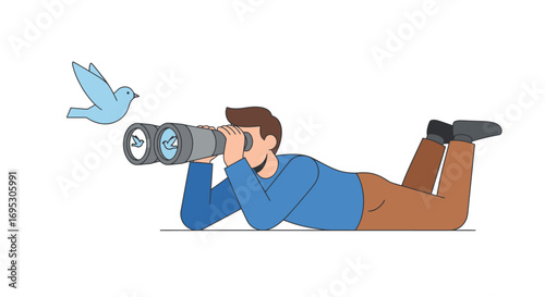 man lying down, birdwatching with binoculars, observing flight, nature, wildlife