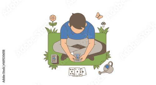 man reading tarot cards in garden, outdoor fortune telling, peaceful nature scene, summer day